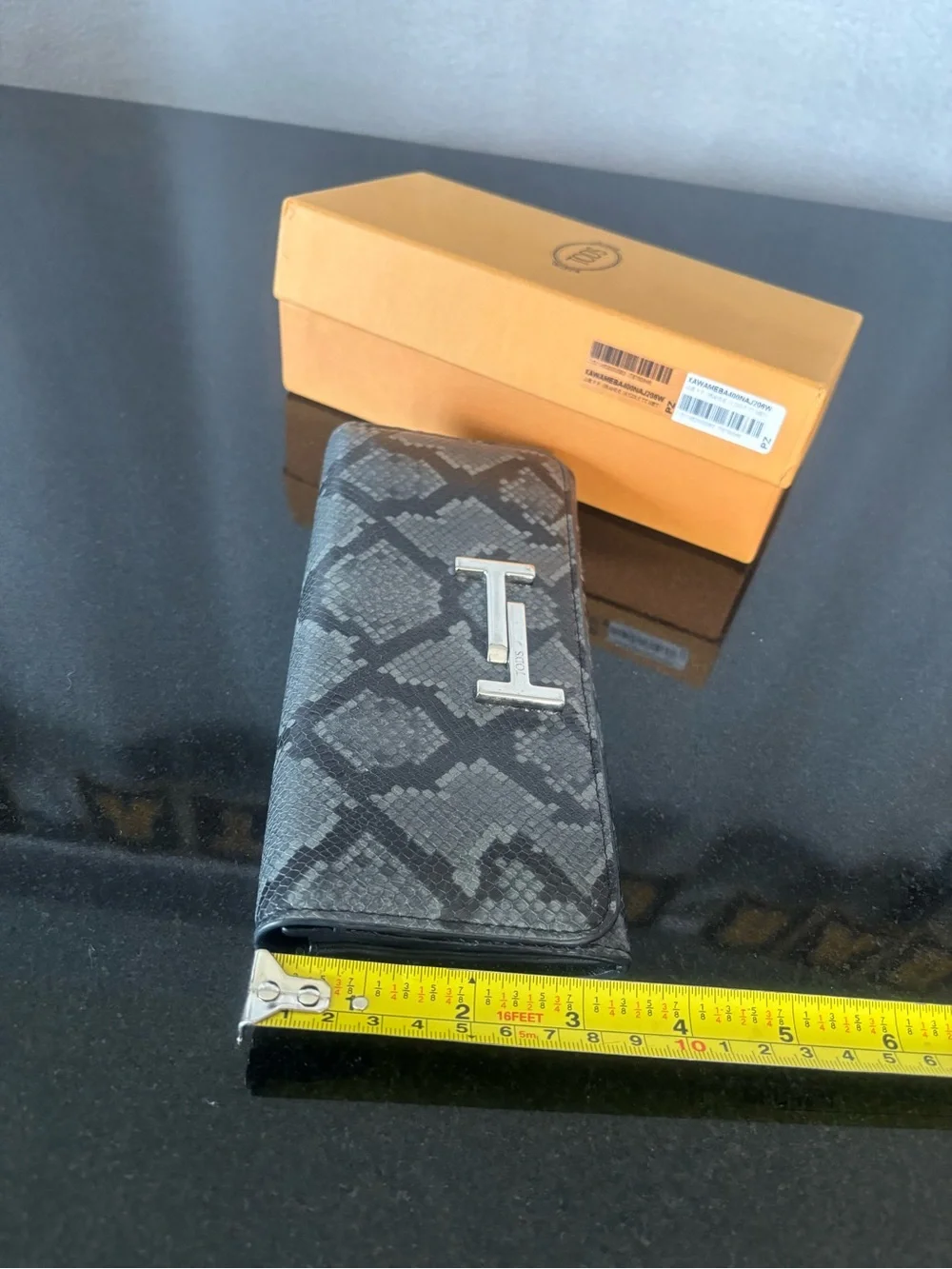 Authentic TOD'S Double T Black & Gray Python Embossed Leather Wallet- with box